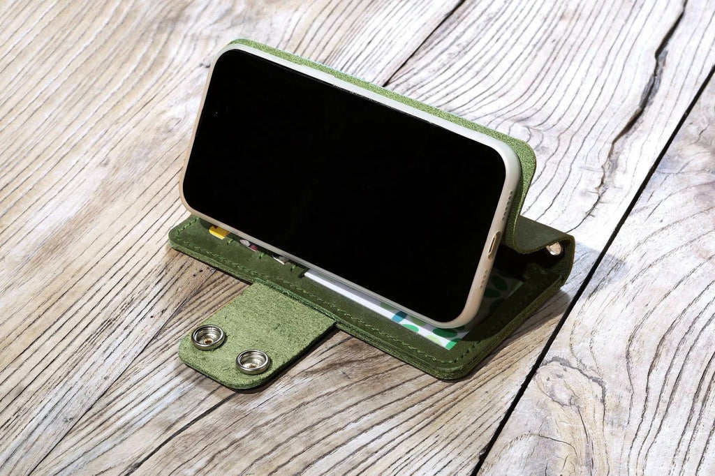 Women Blue Green leather iPhone 14 13 Pro Max wallet case with strap