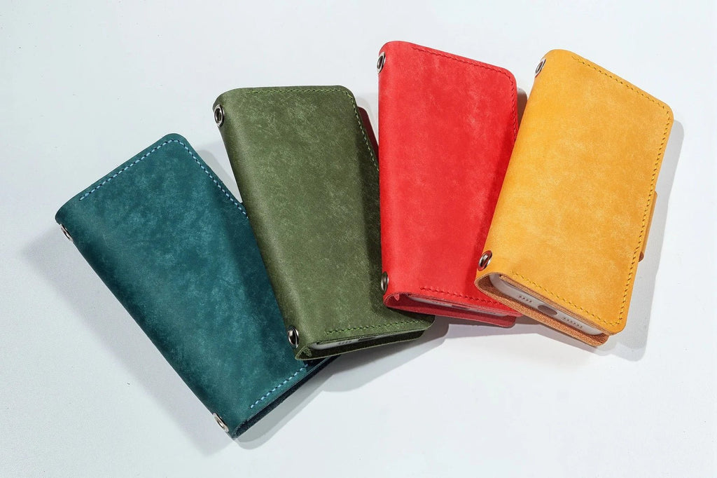 Women Blue Green leather iPhone 14 13 Pro Max wallet case with strap