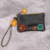 Hand painted leather purses black brown leather wristlet wallet