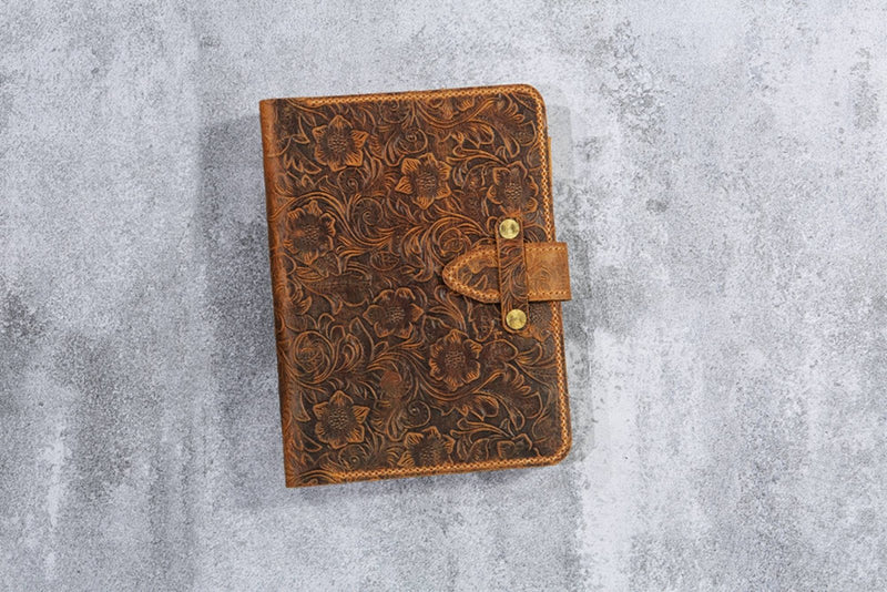 Tooled leather A5 6 ring binder planner , real leather refillable journal