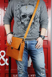 Personalized brown black vegetable tanned leather briefcase shoulder bag