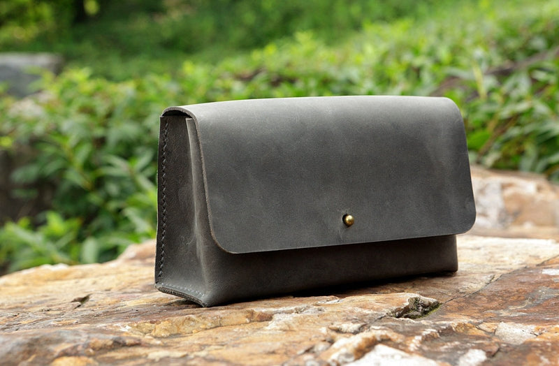 Gray distressed leather macbook charger bag / electronic cord organizer