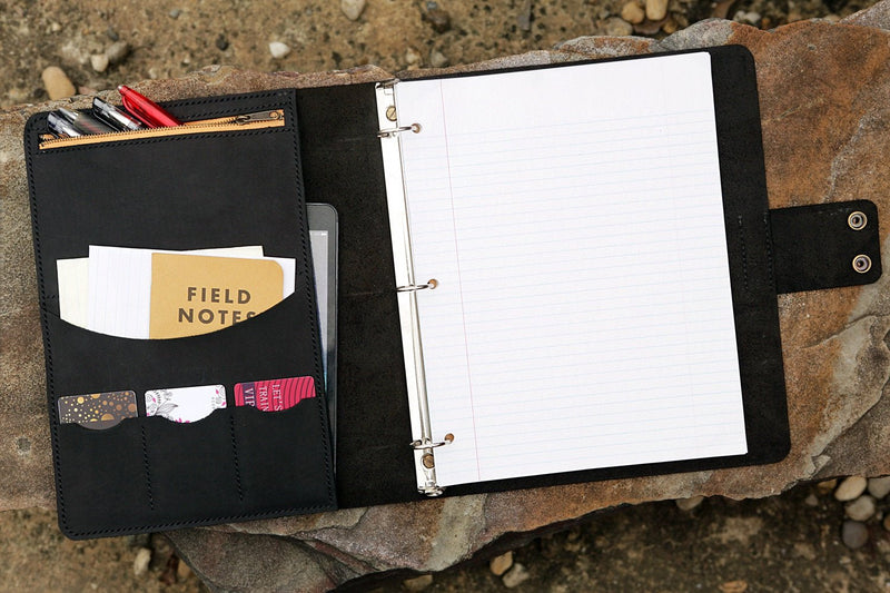 All black handmade leather business folio binder