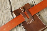 Brown vegetable tanned leather cell phone belt pouch