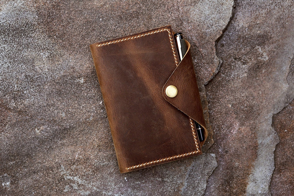 distressed leather field notes cover with pen holder