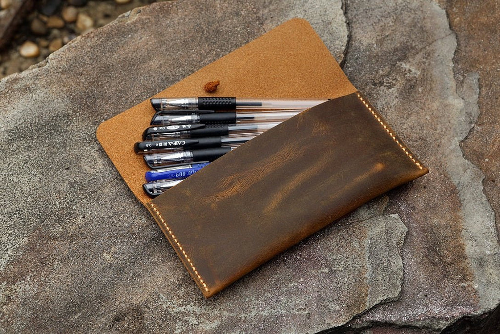distressed leather pencil pouch / retro leather pen pencil case