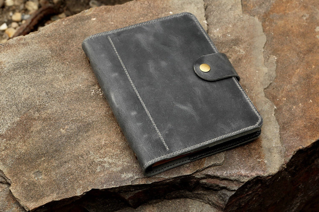 Gray leather travel journal with pockets A5 travel binder organizer