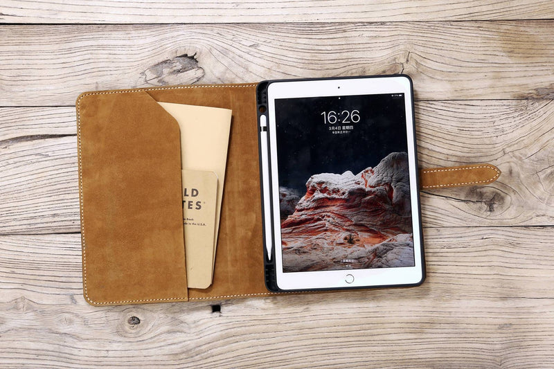 Hand stitched full grain leather iPad Pro Air case cover with pencil holder