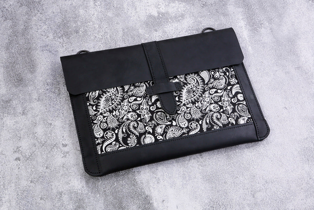 Leather Black Macbook air case bag with shoulder strap