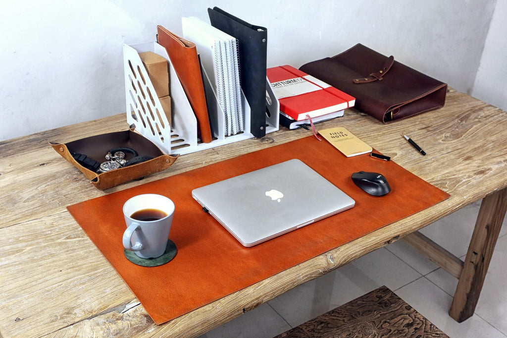  Distressed Cognac Leather Desk Pad Men, Handmade Mat