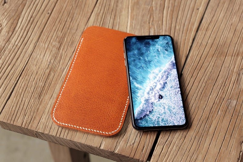 Personalized full grain leather iPhone 13 mini 12 Pro Max phone sleeve case