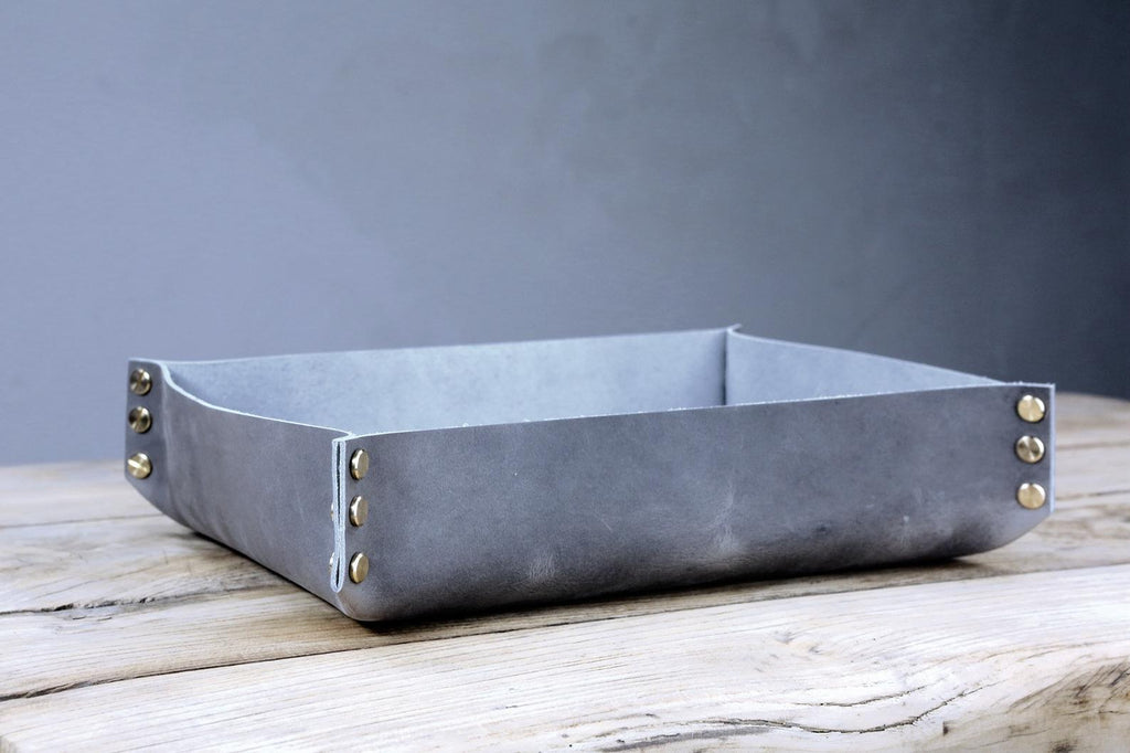 Personalized large Black gray leather tray