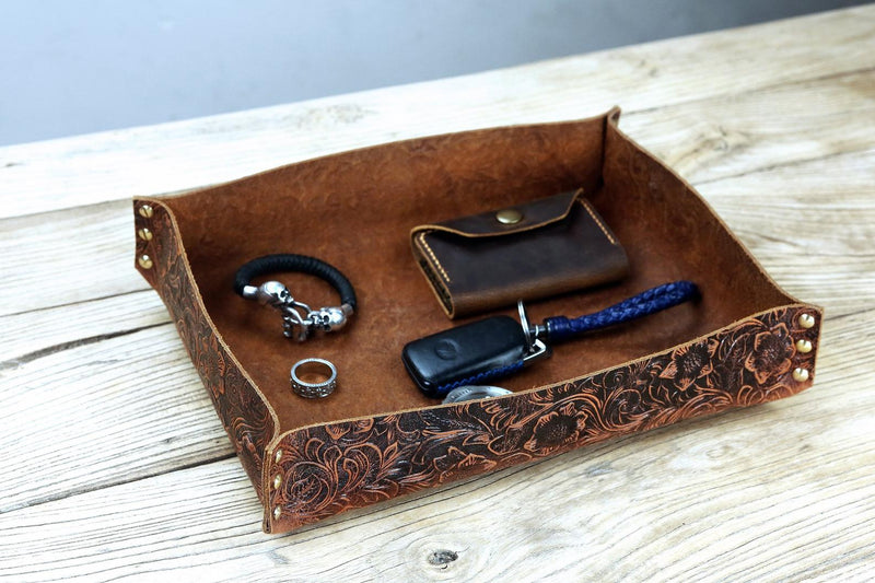 Personalized large Black gray leather tray