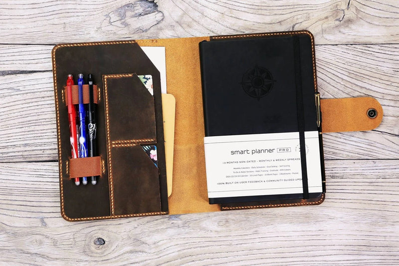 Personalized leather folio organizer for smart planner pro A5 B5 A4 size , Leather A5 notebook planner cover case