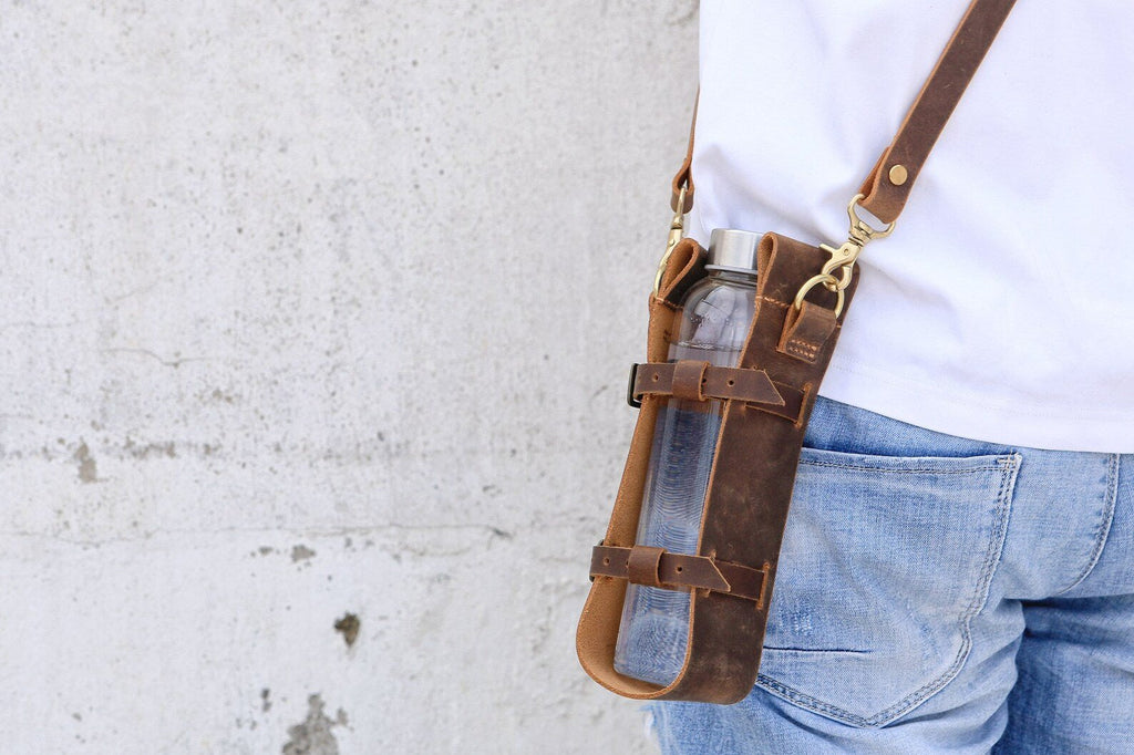 Personalized leather water bottle carrier holder for walking