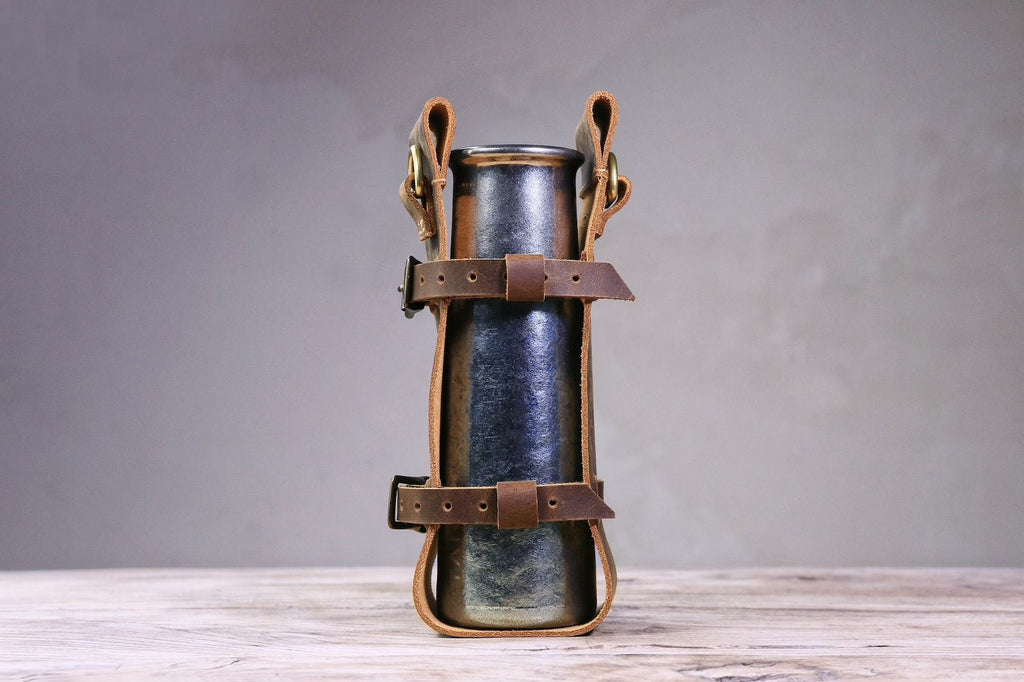 full grain leather hiking water bottle carrier with shoulder strap