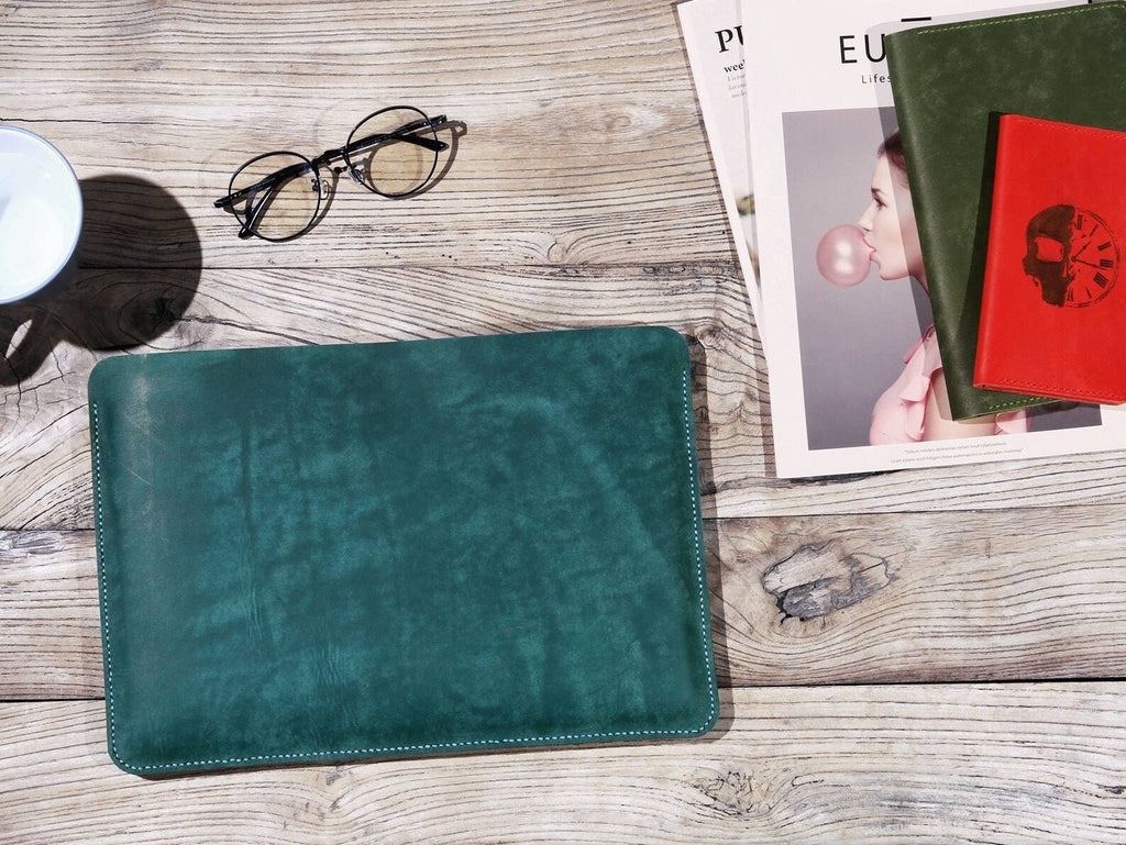 Retro Green Blue Yellow Veg tan Leather macbook air pro sleeve case , macbook air pro 13 14 inch sleeve