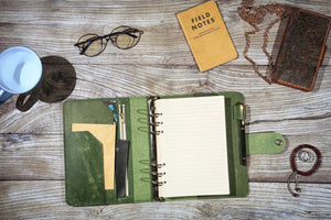 Retro Green veg tan leather notebook , refillable leather binder journal ,leather organizer planner