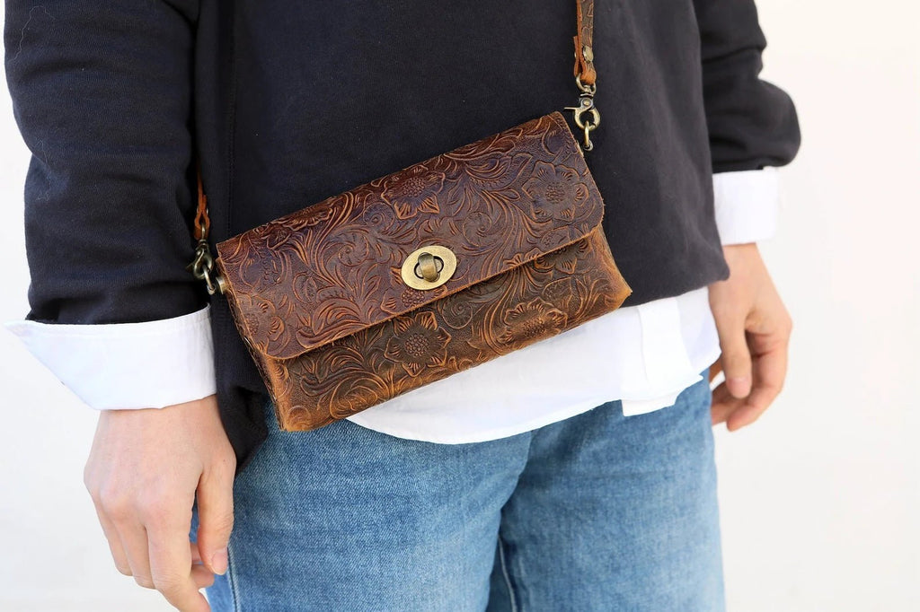 Genuine Leather Crossbody Phone Purse - Compact Brown Bag With Adjustable Strap