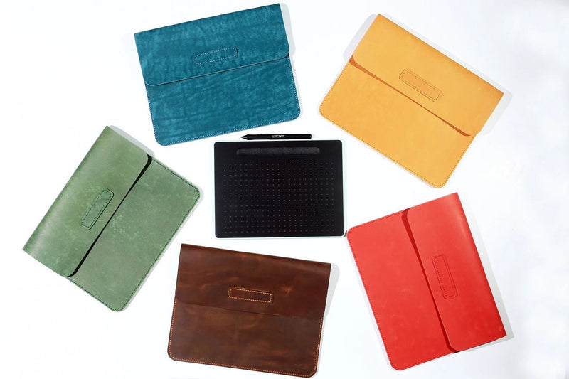 Veg tan leather Wacom tablet case sleeve , Green Blue Wacom Intuos Pro leather cover case