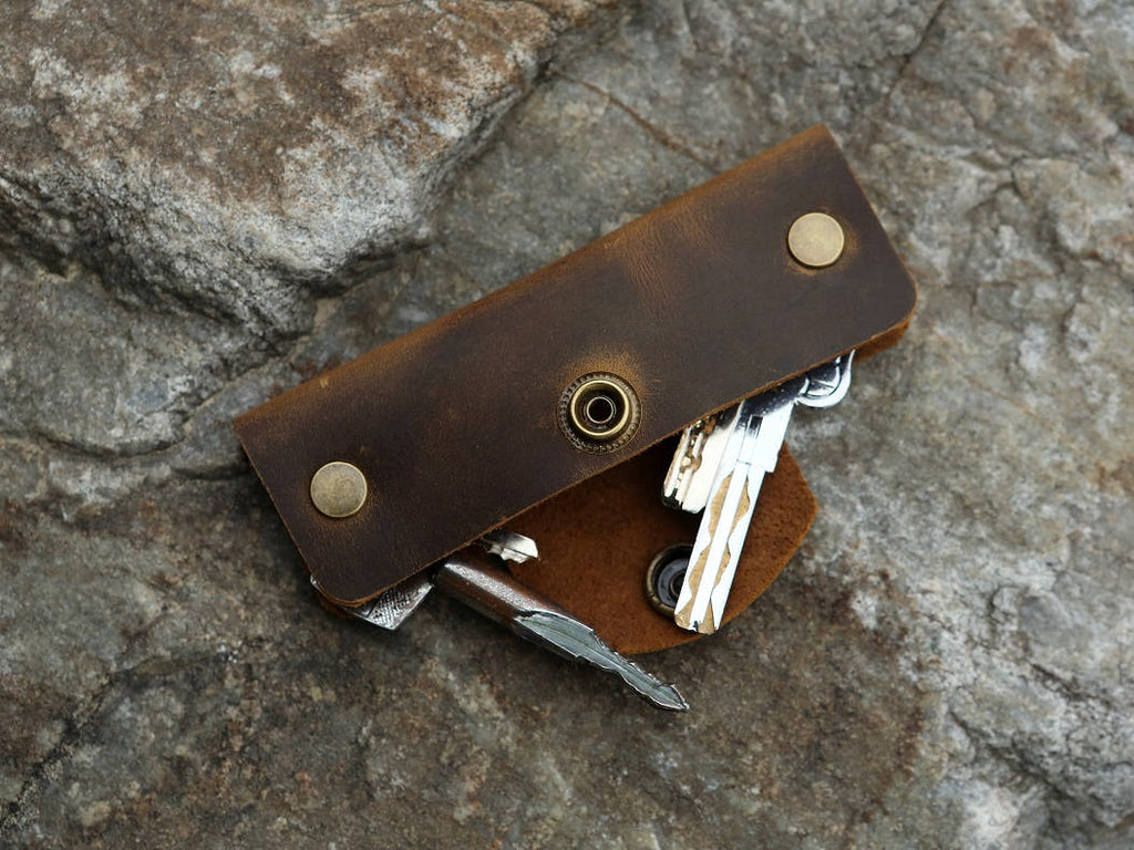 Vintage rustic leather key organizer slim full grain leather key