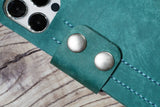 Women Blue Green leather iPhone 14 13 Pro Max wallet case with strap