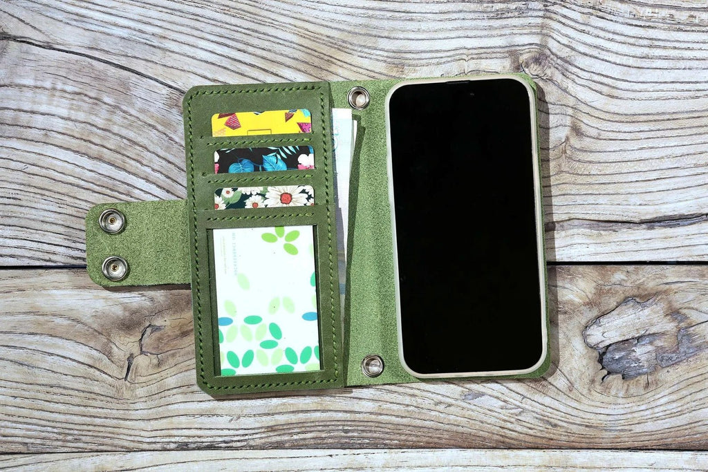 Women Blue Green leather iPhone 14 13 Pro Max wallet case with strap